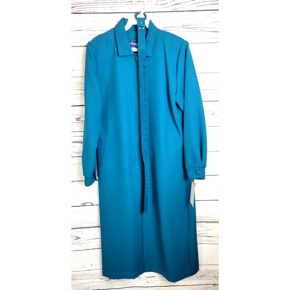 vtg NOS Long Sleeve Belted Midi Dress Nancy II‎ Green Half Button Women's Sz 8
